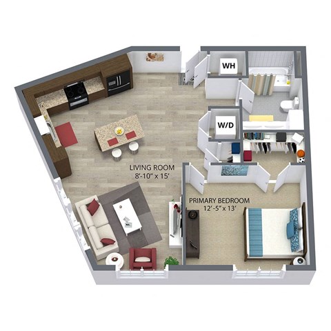 Floor plan for 1 bed, 1 bath, 708 sqft